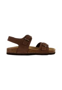 Sandali in suede marrone con due fibbie regolabili, soletta in sughero, design aperto davanti e suola in gomma resistente.