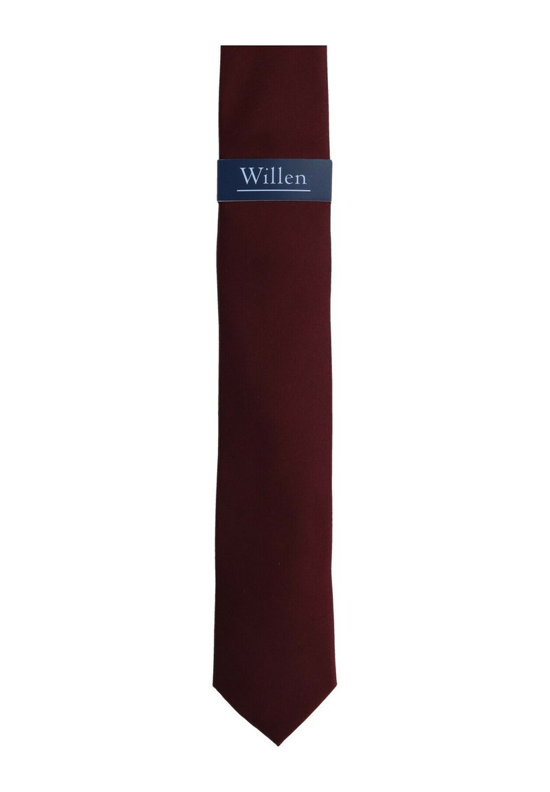 Burgunderfarbige Krawatte aus weichem Stoff, mit einer spitzen Spitze und einem blauen Etikett, das den Markennamen "Willen" zeigt.