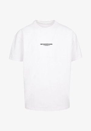 White cotton t-shirt with short sleeves, crew neck, and black text reading "METAMORPHOSIS" on the front. Classic fit, minimal design.