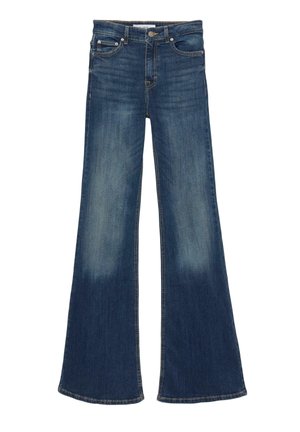 Ciemnoniebieskie, dżinsowe spodnie z wysokim stanem, szerokimi rozszerzanymi nogawkami oraz wyblakłymi obszarami na udach i dolnych partiach nóg.