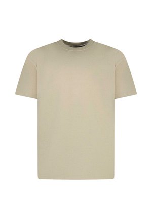 Beige T-shirt met korte mouwen en ronde hals, eenvoudig en effen van ontwerp, weergegeven op een witte achtergrond.