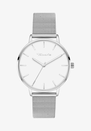 Silberne Mesh-Armbanduhr mit einem weißen Zifferblatt, dünnen silbernen Zeigern und minimalistischen Stundenmarkierungen. Verfügt über ein poliertes Metallgehäuse.