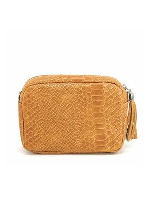 Sac en cuir imprimé serpent couleur tan avec fermeture éclair, de forme rectangulaire et avec un détail de frange sur le côté. La surface texturée ajoute un intérêt visuel.