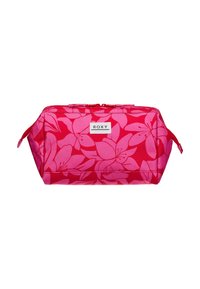 Pink floral patterned cosmetic bag with a rectangular shape, zip closure, and brand logo. Made of durable fabric with reinforced stitching.