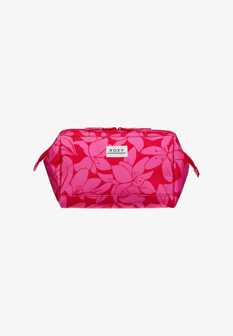 Pink floral patterned cosmetic bag with a rectangular shape, zip closure, and brand logo. Made of durable fabric with reinforced stitching.