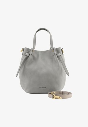 Borsa a secchiello in pelle grigia con duplice manico superiore e tracolla rimovibile. Caratterizzata da hardware in tono oro e una finitura liscia e texturizzata.