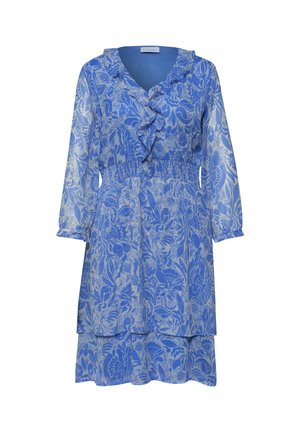 Vestido azul con estampado floral hasta la rodilla, mangas largas transparentes, escote en V con volantes, cintura elástica y falda de capas.