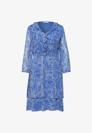 Vestido azul con estampado floral hasta la rodilla, mangas largas transparentes, escote en V con volantes, cintura elástica y falda de capas.