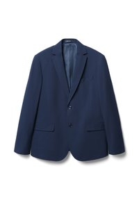 Marineblauer Blazer aus glattem Stoff. Verfügt über ein Revers mit Kerbe, zwei Vordertaschen und eine Brusttasche sowie einen Verschluss mit zwei Knöpfen.