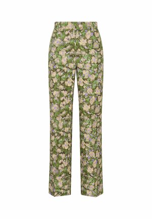 Pantaloni stampati floreali verdi, con fiori beige e viola. Design a gamba dritta con chiusura a bottone e tasche frontali.