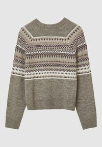 Knit sweater in beige, featuring a geometric pattern in browns and cream, with a crew neck, ribbed cuffs, and a cropped design.