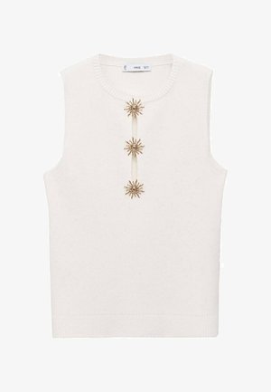 Vit ärmlös topp i ribbat material, prydd med tre solformade gulddetaljer längs framknäppningen. Enkel, ren design.