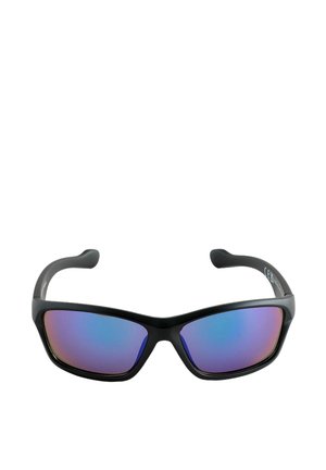 Ochelari de soare negri cu un cadru elegant, lentile cu finisaj reflectorizant de culoare albastră și roz, și urechi curbate pentru o prindere sigură.