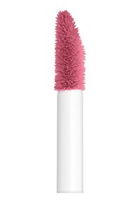 Mascara avec une tête de brosse conique et texturée de couleur rose sur un manche cylindrique blanc ; dispose de poils souples pour l'application.