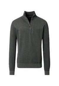 Grauer Strickpullover mit einem Viertelreißverschluss-Kragen, gerippten Bündchen und Saum, strukturiertem Stoff und einem kleinen Brusttaschen-Detail.
