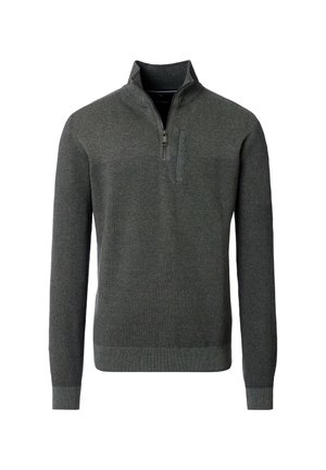 Grauer Strickpullover mit einem Viertelreißverschluss-Kragen, gerippten Bündchen und Saum, strukturiertem Stoff und einem kleinen Brusttaschen-Detail.
