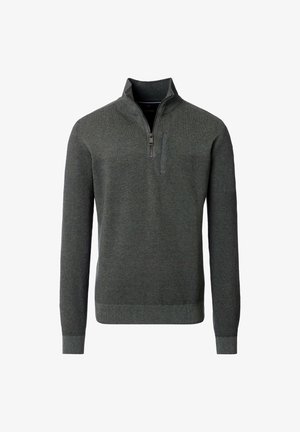Grauer Strickpullover mit einem Viertelreißverschluss-Kragen, gerippten Bündchen und Saum, strukturiertem Stoff und einem kleinen Brusttaschen-Detail.