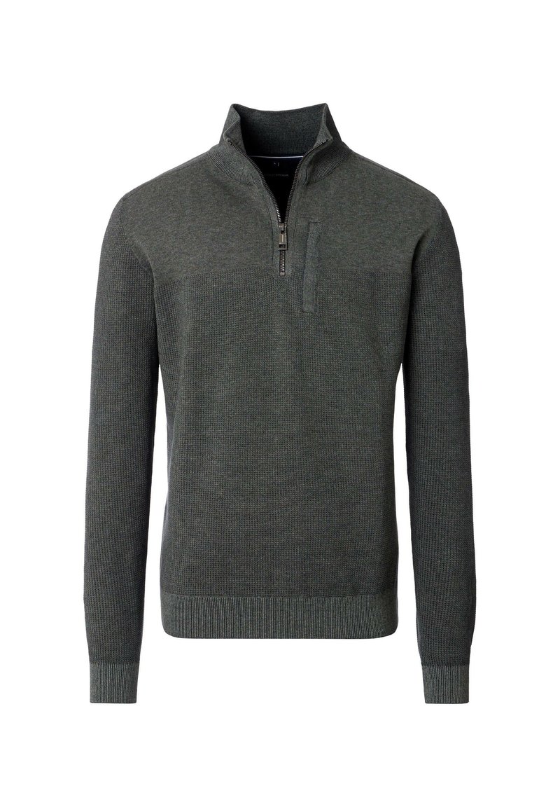 Grauer Strickpullover mit einem Viertelreißverschluss-Kragen, gerippten Bündchen und Saum, strukturiertem Stoff und einem kleinen Brusttaschen-Detail.