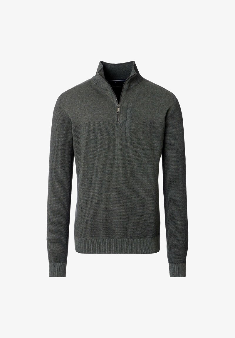 Grauer Strickpullover mit einem Viertelreißverschluss-Kragen, gerippten Bündchen und Saum, strukturiertem Stoff und einem kleinen Brusttaschen-Detail.