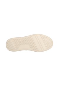 Cremfarbener Sneaker-Sohle mit strukturierten Mustern und Rillen für Grip. Verfügt über ein glattes Design mit einer abgerundeten Spitze und einem leicht erhöhten Absatz.