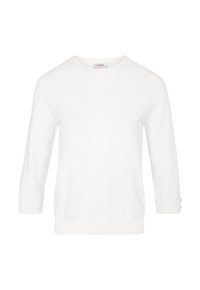 Maglione bianco lavorato a maglia con scollatura tonda e maniche a tre quarti, con polsini e orlo a coste per una maggiore texture.