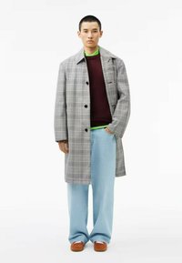 Cappotto grigio a quadri con ampio colletto, bottoni neri, indossato sopra un maglione bordeaux con un accento verde. Combinato con jeans a gamba larga blu chiaro e scarpe marroni.