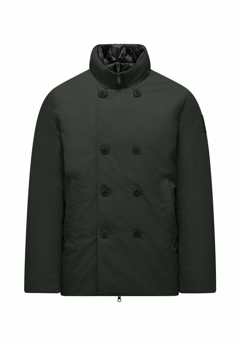 Donkergroene dubbelbreasted jas met hoge kraag, gemaakt van een soepele stof. Voorzien van zes knopen en twee zijzakken. Voering is zwart.