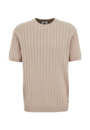 Maglione beige a maniche corte realizzato in tessuto a costine. Collo a girocollo e dettaglio di lieve apertura laterale. Motivo testurizzato con una finitura morbida e liscia.
