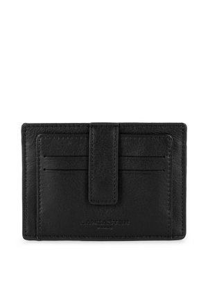 Porte-cartes en cuir noir avec six emplacements et un onglet central. Texture lisse avec un logo en relief en bas. Forme rectangulaire.