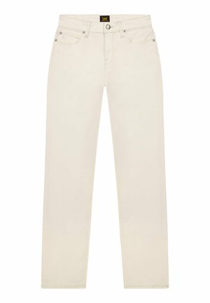 Vaqueros rectos color blanco roto con cinco bolsillos, botón y remaches plateados, y etiqueta de la marca Lee en negro en la cinturilla.