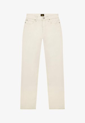 Vaqueros rectos color blanco roto con cinco bolsillos, botón y remaches plateados, y etiqueta de la marca Lee en negro en la cinturilla.