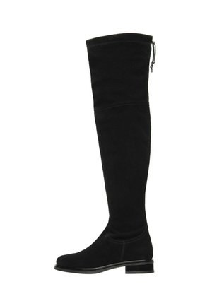 Bottes noires en suède, au-dessus du genou, avec un talon plat, un bout rond et une couture décorative le long des coutures.