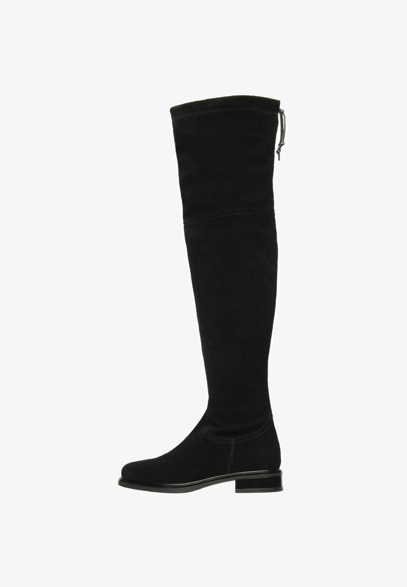 Schwarze Overknee-Stiefel aus Wildleder mit flachem Absatz, runder Zehenpartie und dekorativer Naht entlang der Nähte.