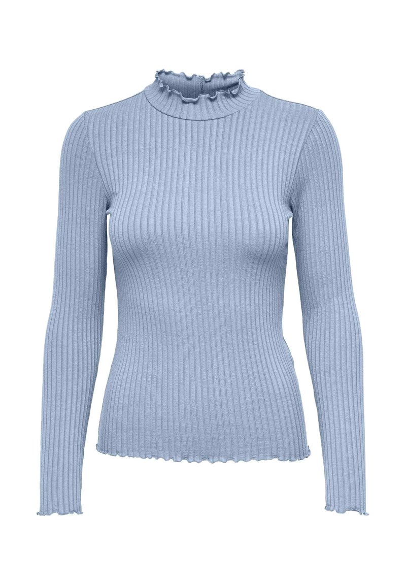 Helles blaue, gerippte Langarmbluse mit hohem, gerafftem Ausschnitt und gewelltem Saum, aus weichem, strukturiertem Stoff.