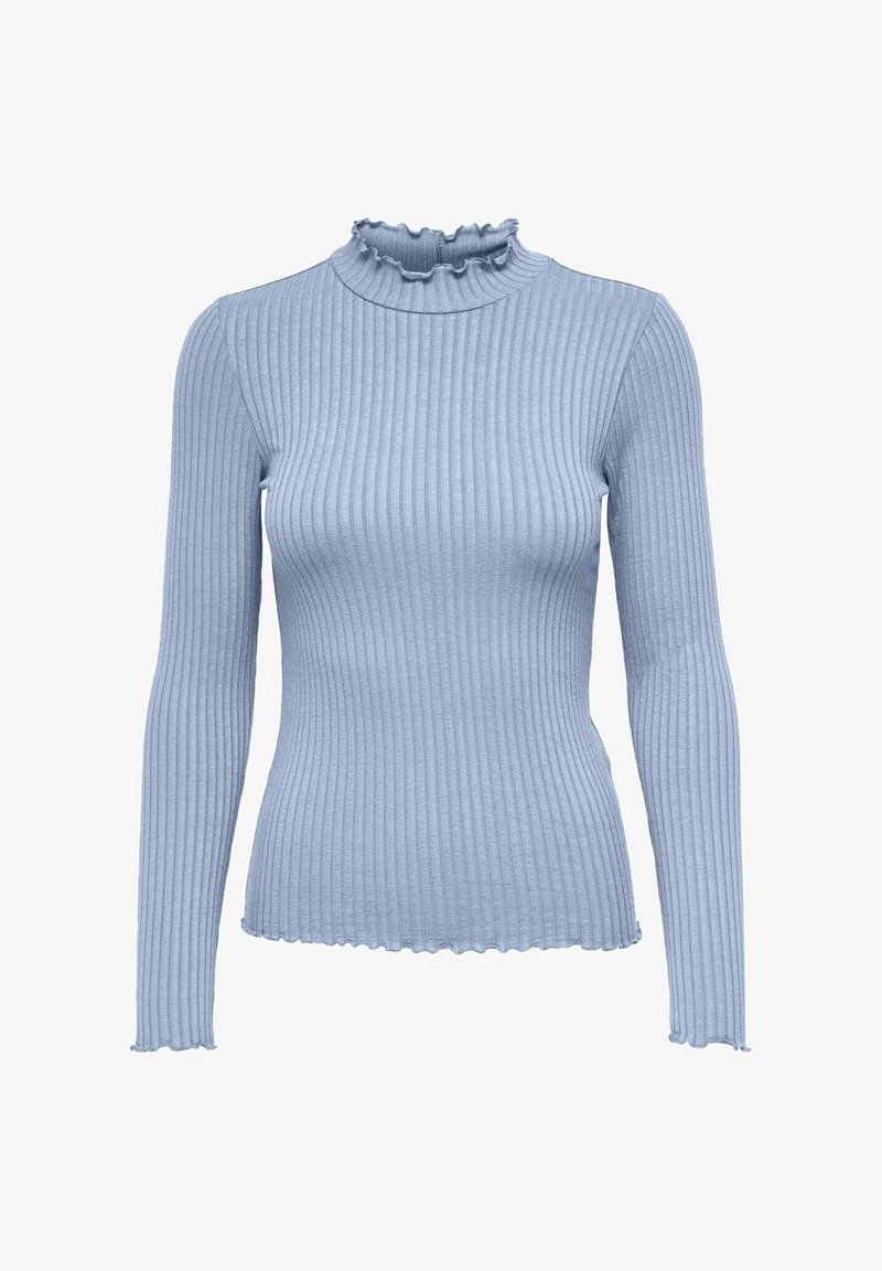 Helles blaue, gerippte Langarmbluse mit hohem, gerafftem Ausschnitt und gewelltem Saum, aus weichem, strukturiertem Stoff.