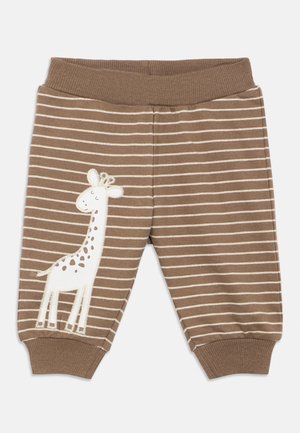 Babybroekje met bruine en witte strepen, voorzien van een elastische tailleband en boorden, met een witte giraffe-applicatie op het linkerbeen.