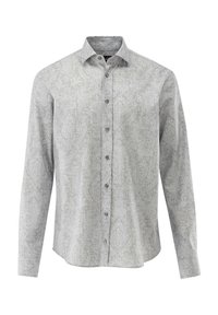 Camicia a maniche lunghe, con bottoni, di colore grigio chiaro con un delicato motivo paisley. Presenta un colletto classico e bottoni grigi lungo il davanti.