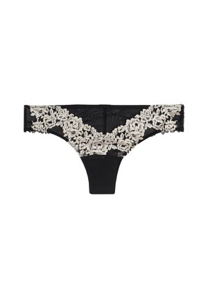 Zwarte string met een tailleband van crème kleurige bloemenkant, voorzien van een gladde stof en gegolfde randen.