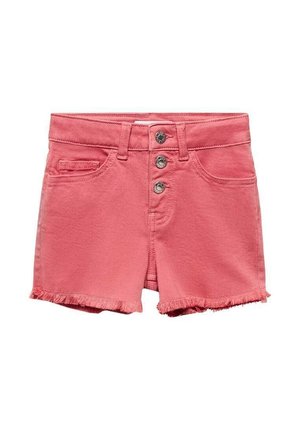 Korallys lyse denimshorts med tre metal knapper, bæltestropper, forlommer og frynset kant på hvid baggrund.