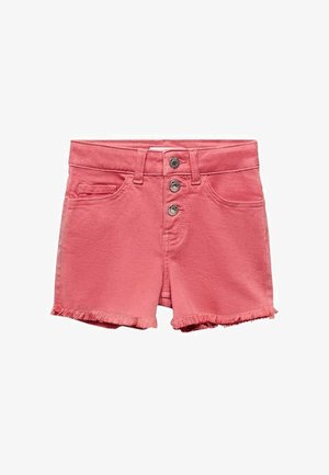Korallys lyse denimshorts med tre metal knapper, bæltestropper, forlommer og frynset kant på hvid baggrund.