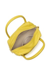 Gelbe Lederhandtasche mit strukturierter Oberfläche, Reißverschluss oben und doppelten runden Griffen. Das Innere verfügt über ein neutrales Futter.