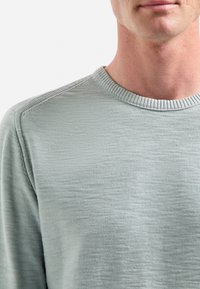 Lichtgroene trui, ronde hals, textuur gebreid materiaal, minimalistisch ontwerp, subtiele horizontale strepen, zichtbare steken bij de hals.