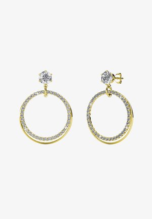 Gouden hoepeloorringen met een ronde design, versierd met heldere kristallen langs de rand en een sprankelende steen aan de bovenkant.
