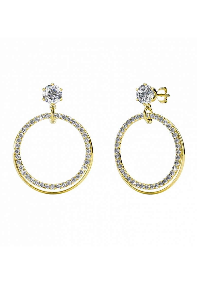 Orecchini a cerchio in oro con un design circolare, adornati con cristalli trasparenti lungo il bordo e una pietra scintillante sulla parte superiore.