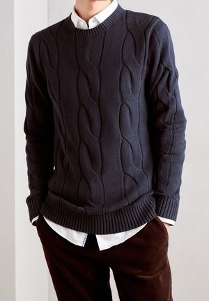 Homme portant un pull bleu marine à torsades sur une chemise blanche à col, avec un pantalon marron, les mains dans les poches, sur un fond uni.