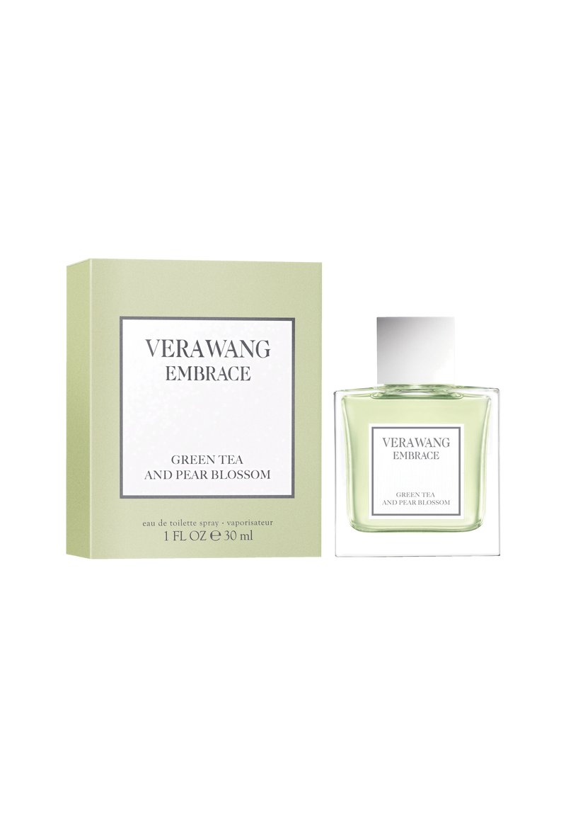 Vera Wang Embrace parfymsetet innehåller en genomskinlig glasflaska med ett silverlock och en ljusgrön låda, märkt "Grönt te och päronblomma."