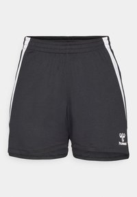 Zwarte sportshorts met een gestructureerd oppervlak, voorzien van witte zijstrepen en een klein logo aan de onderzijde aan de rechterkant. Elastische tailleband.