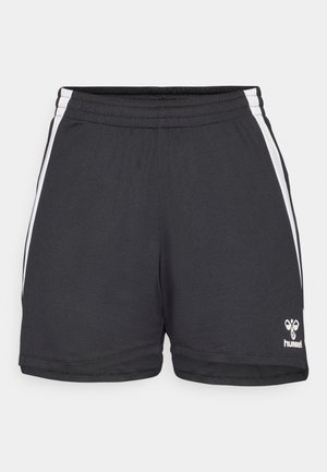 Melnas sporta bikses ar teksturētu virsmu, ar baltām sānu svītrām un mazu logotipu apakšējā labajā pusē. Elastīga josta.