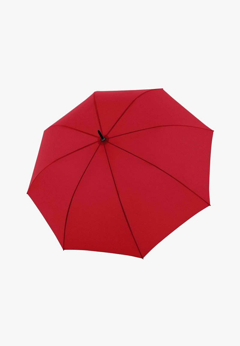 Roter Regenschirm mit acht Rippen, einem runden Stoffdach und einem schwarzen Griff. Hergestellt aus Stoff, hat er eine glatte Textur und keine sichtbaren Muster.