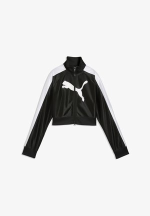 Schwarz-weiße Sportjacke mit Reißverschluss, langen Ärmeln und einem großen weißen Puma-Logo auf der Vorderseite.
